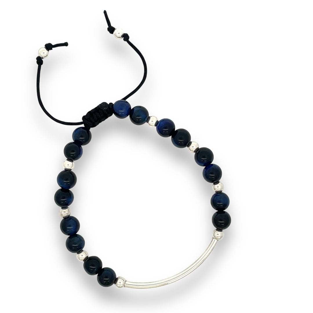 Dark blue tigers eye silver stone bar bracelet 