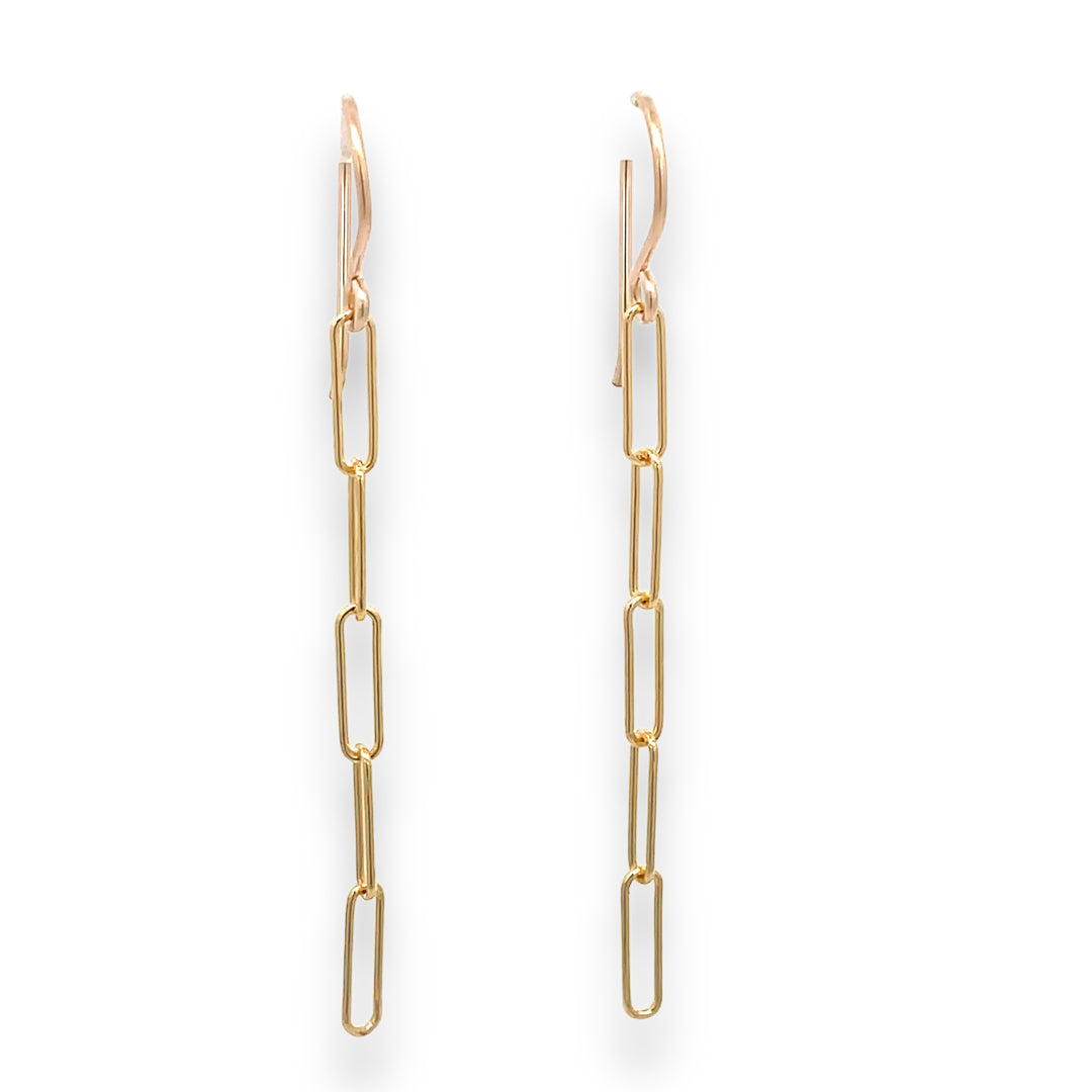 Minimalist gold chain link earrings with ear hooks, 14K gold-filled, 2-inch lightweight drop earrings for everyday wear.