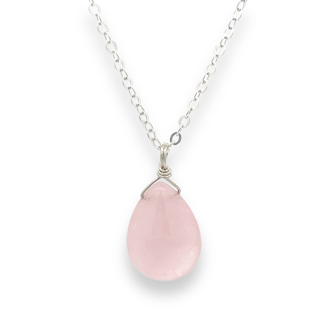 large rose quartz pendant necklace in silver 