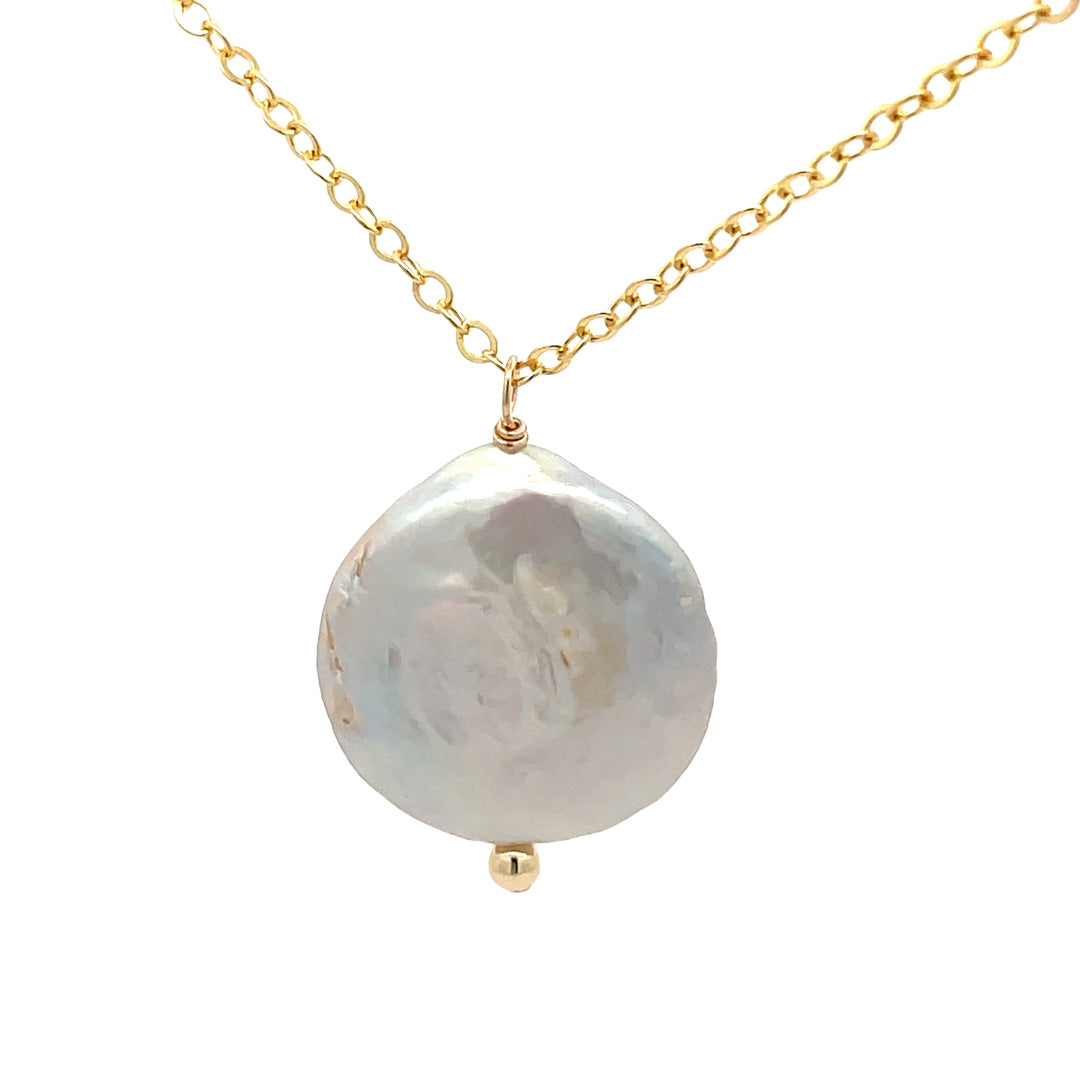 Large coin pearl necklace in 14kt gold-filled 