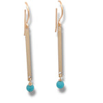 Load image into Gallery viewer, Minimalist gold bar earrings with a small turquoise gemstone, handcrafted in 14K gold-filled, 2-inch lightweight drop earrings for everyday wear.
