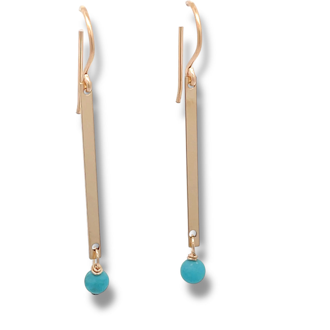 Minimalist gold bar earrings with a small turquoise gemstone, handcrafted in 14K gold-filled, 2-inch lightweight drop earrings for everyday wear.