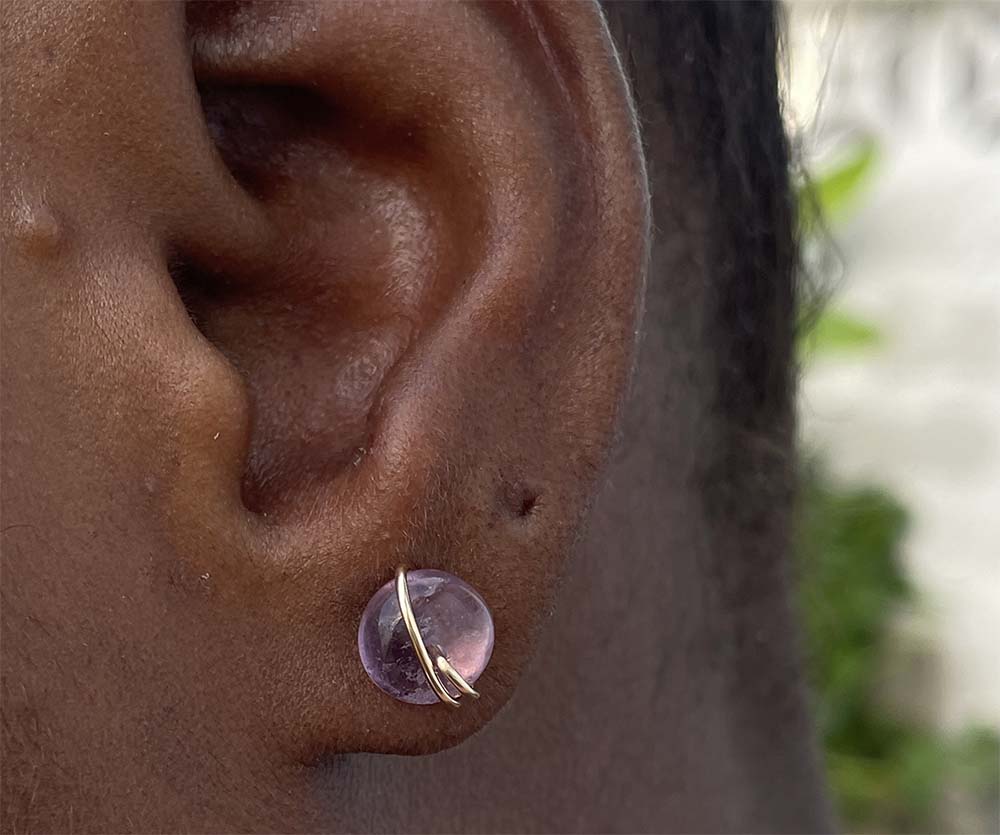 Purple fluorite stud earring