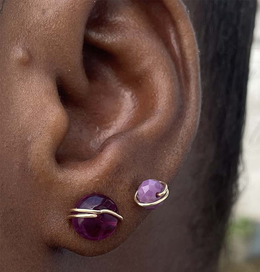 Raspberry fluorite stud and phosphosiderite stud earring 