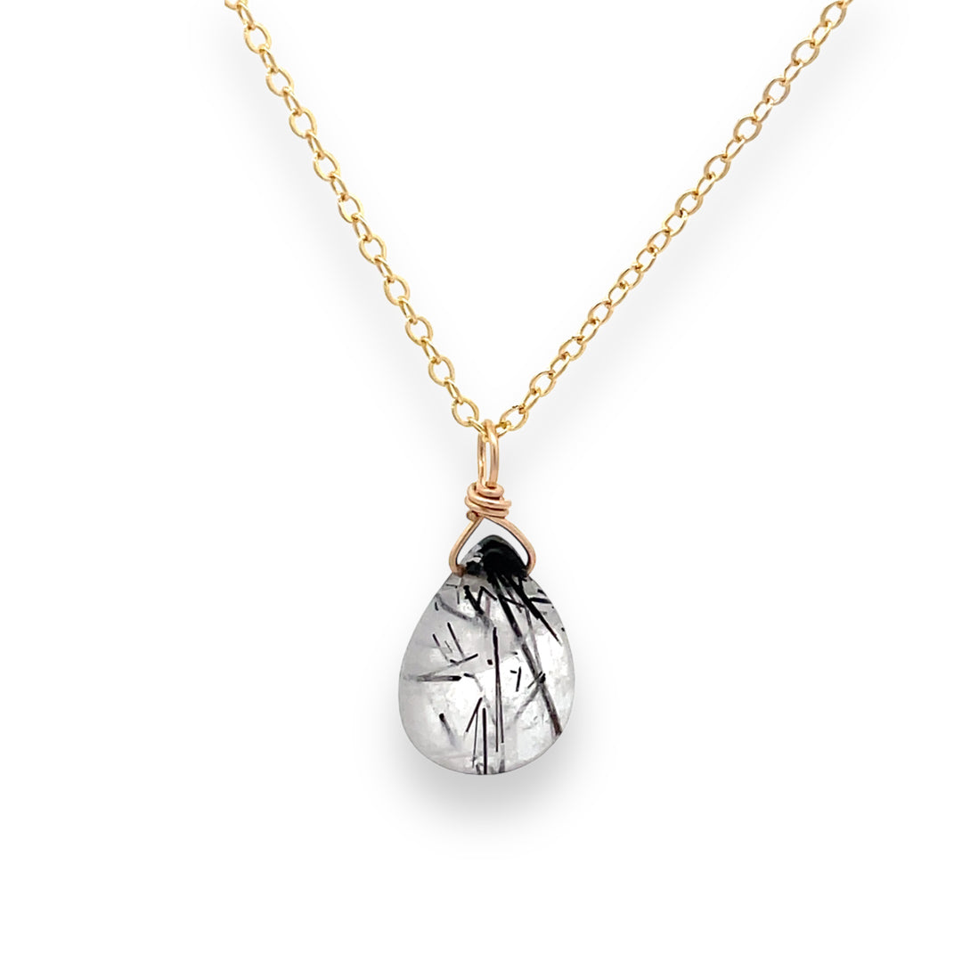 rutilated quartz teardrop set in gold-filled 