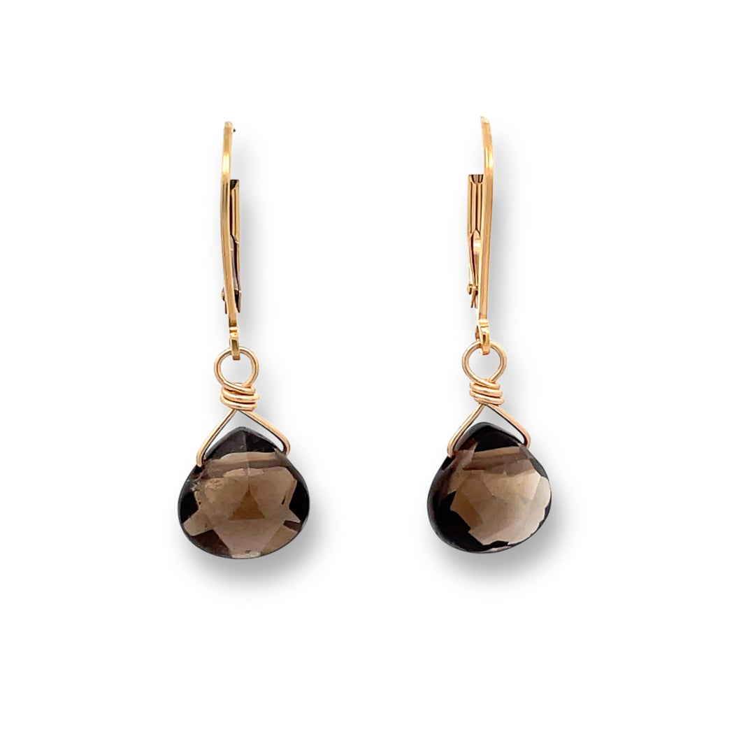 Smoky quartz teardrop gold earrings 