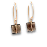 Load image into Gallery viewer, Leaf hoop earrings with square smoky quartz gemstone, wrapped in 14K gold-filled wire.
