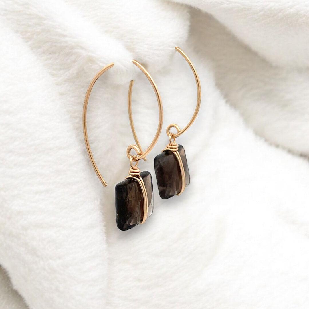 side profile of smoky quartz drop earrings with elongated marquise hooks, perfect for everyday wear.