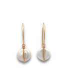 Load image into Gallery viewer, Coin pearl earrings wrapped in 14K gold-filled wire on a leaf hoop, elegant drop design.
