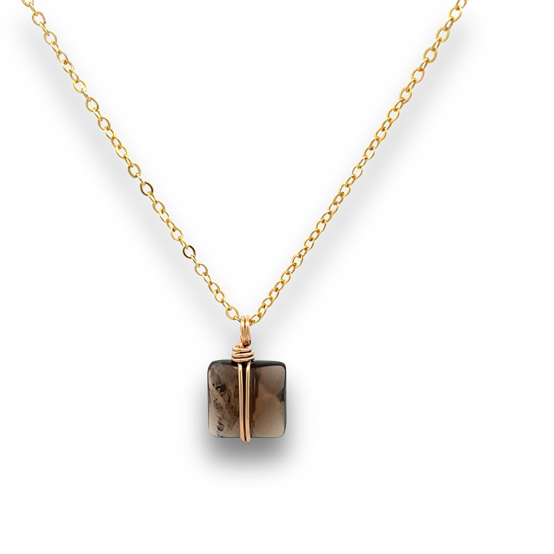 quare smoky quartz pendant double-wrapped in 14K gold-filled wire on an 18-inch chain.